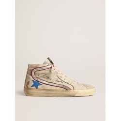 Slide LTD in ecru with bright blue star and silver leather flash