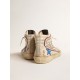Slide LTD in ecru with bright blue star and silver leather flash