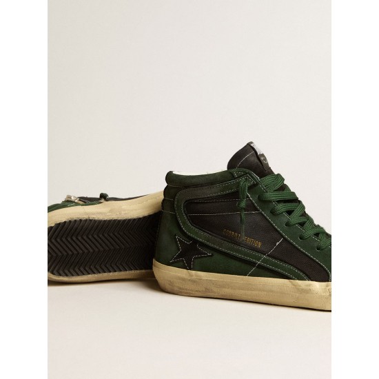 Slide LTD in green suede and black canvas with suede star and flash
