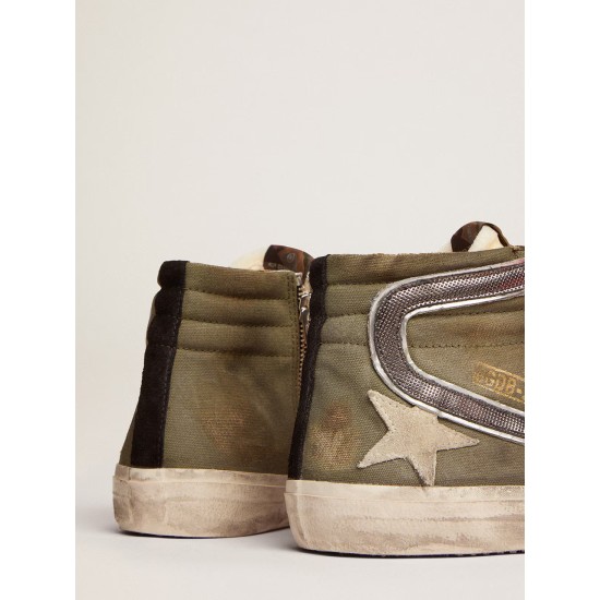 Slide Penstar in army green canvas with an ice-colored star