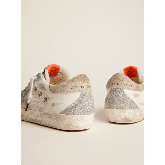 Super-Star LTD in white leather and mesh with star and inserts in Swarovski micro-crystals