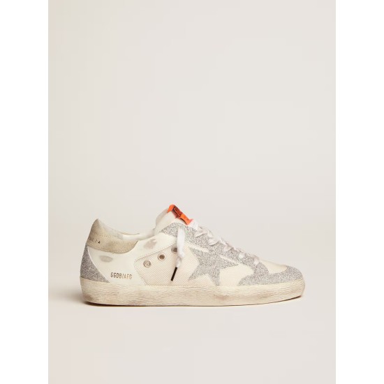 Super-Star LTD in white leather and mesh with star and inserts in Swarovski micro-crystals