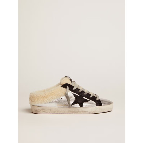 Women's Super-Star Sabot in silver laminated leather with black star
