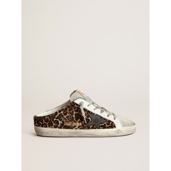 Women's Super-Star Sabot in leopard print pony skin with black star