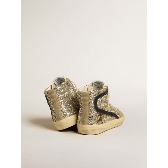 Slide in platinum glitter with leopard-print pony skin star and black flash
