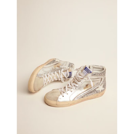 Women's Slide with laminated leather upper and silver glitter