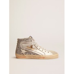 Women's Slide with laminated leather upper and silver glitter