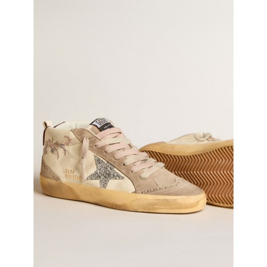 Women's Mid Star in nappa leather with floral embroidery and silver glitter star