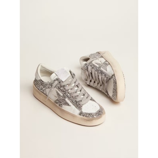 Women's Stardan in white leather and glitter