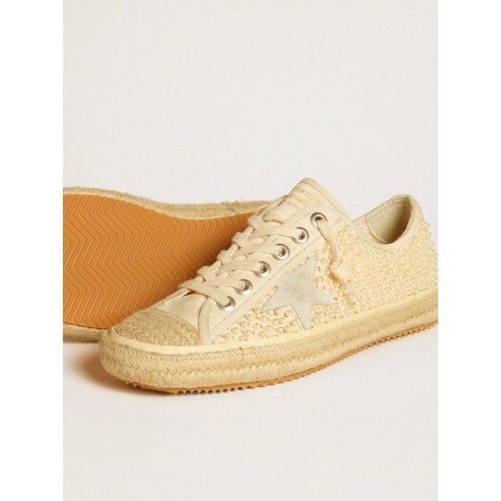 Women's V-Star in canvas with all-over pearls and raffia