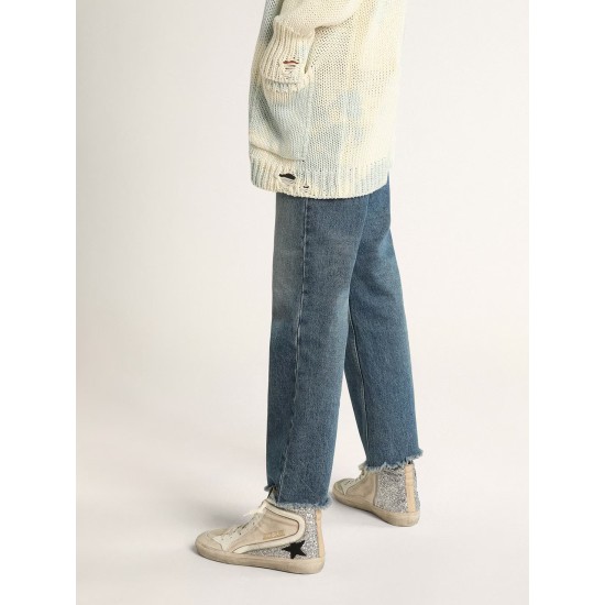 Women's Slide Penstar in cream-colored canvas and silver glitter