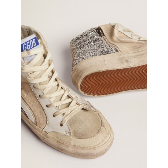 Women's Slide Penstar in cream-colored canvas and silver glitter