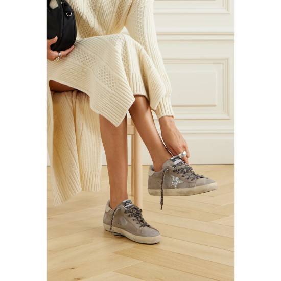 Super-Star leather-trimmed distressed glittered suede sneakers