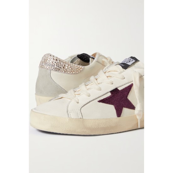 Super-Star crystal-embellished velvet-trimmed distressed leather sneakers