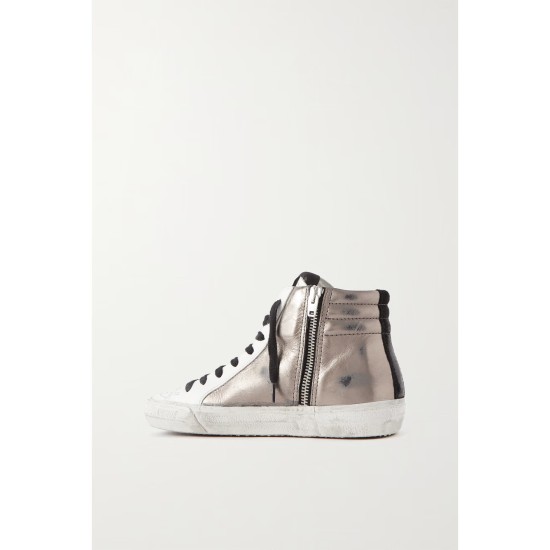 Slide distressed suede-trimmed leather and Lurex high-top sneakers