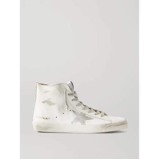 Francy glittered distressed leather and suede high-top sneakers