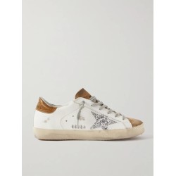 Superstar glittered distressed leather and suede sneakers