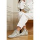 Slide embellished distressed glittered leather and suede high-top sneakers