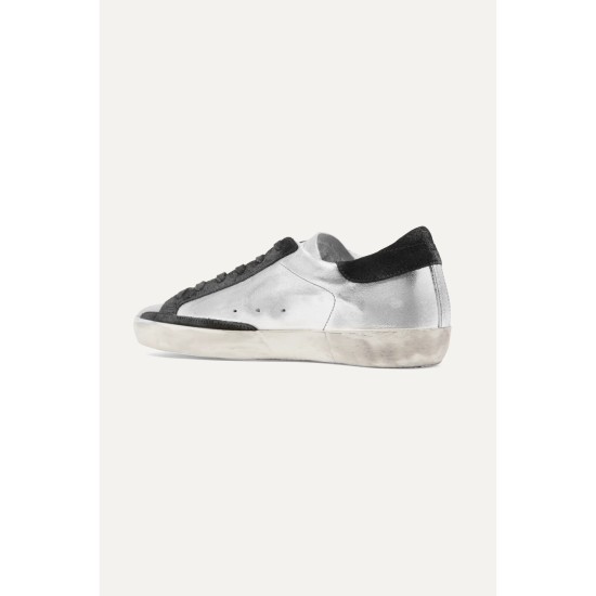 Superstar distressed metallic leather and suede sneakers
