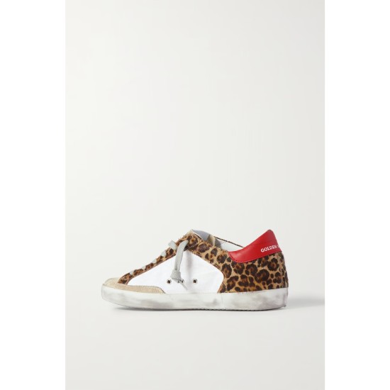 Superstar distressed leopard-print calf hair, leather and suede sneakers